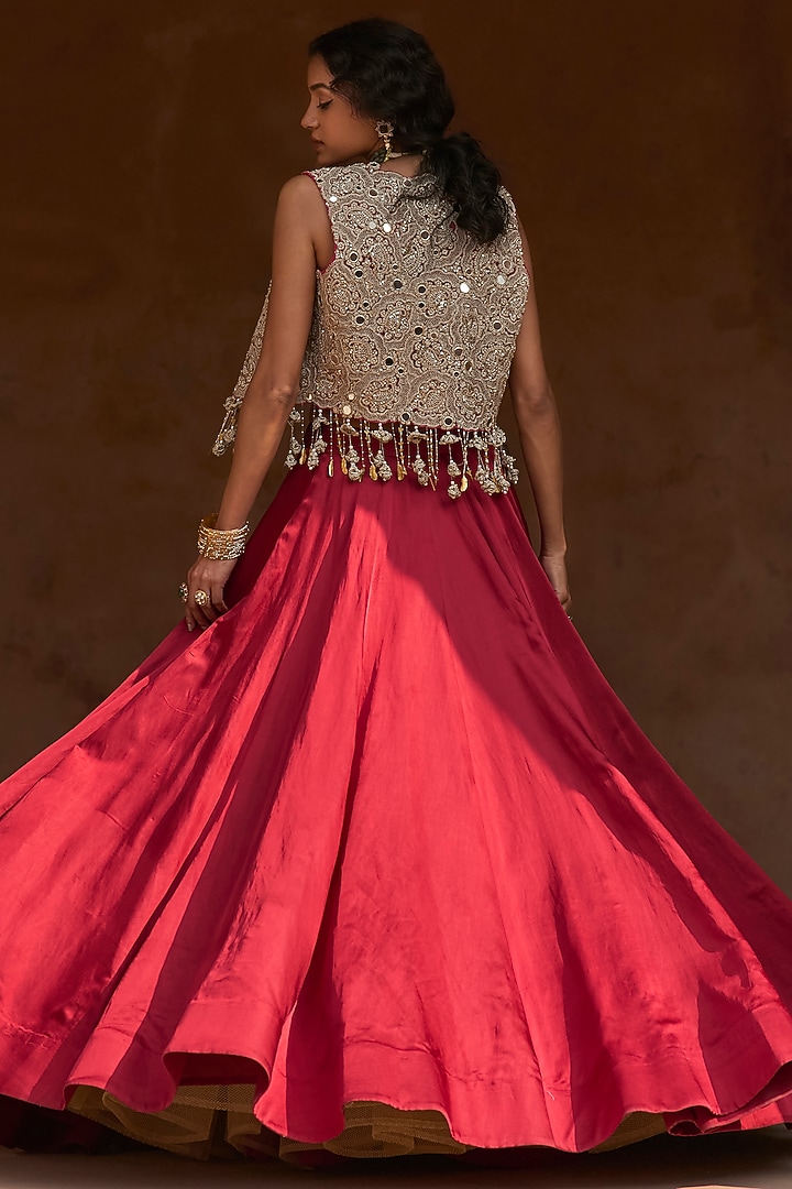 Red Linen Satin Skirt Set by Bhumika Sharma at Pernia's Pop Up Shop