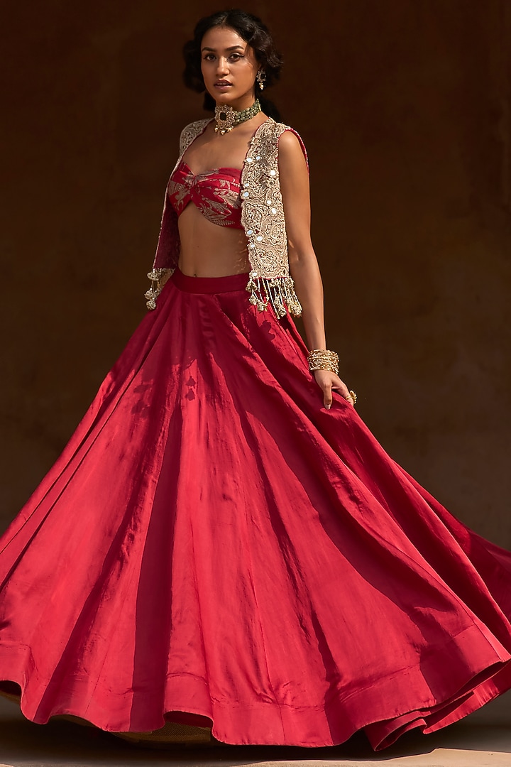 Red Linen Satin Skirt Set by Bhumika Sharma at Pernia's Pop Up Shop