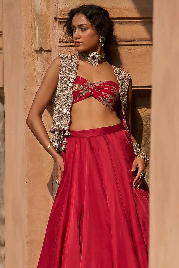 Red Linen Satin Skirt Set by Bhumika Sharma at Pernia's Pop Up Shop