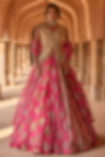 Fuchsia Net & Organza Printed Jacket Bridal Lehenga Set by Bhumika Sharma at Pernia's Pop Up Shop