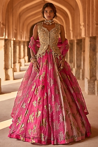 Fuchsia Net & Organza Printed Jacket Lehenga Set by Bhumika Sharma