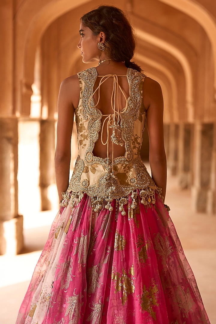 Fuchsia Net & Organza Printed Jacket Bridal Lehenga Set by Bhumika Sharma at Pernia's Pop Up Shop