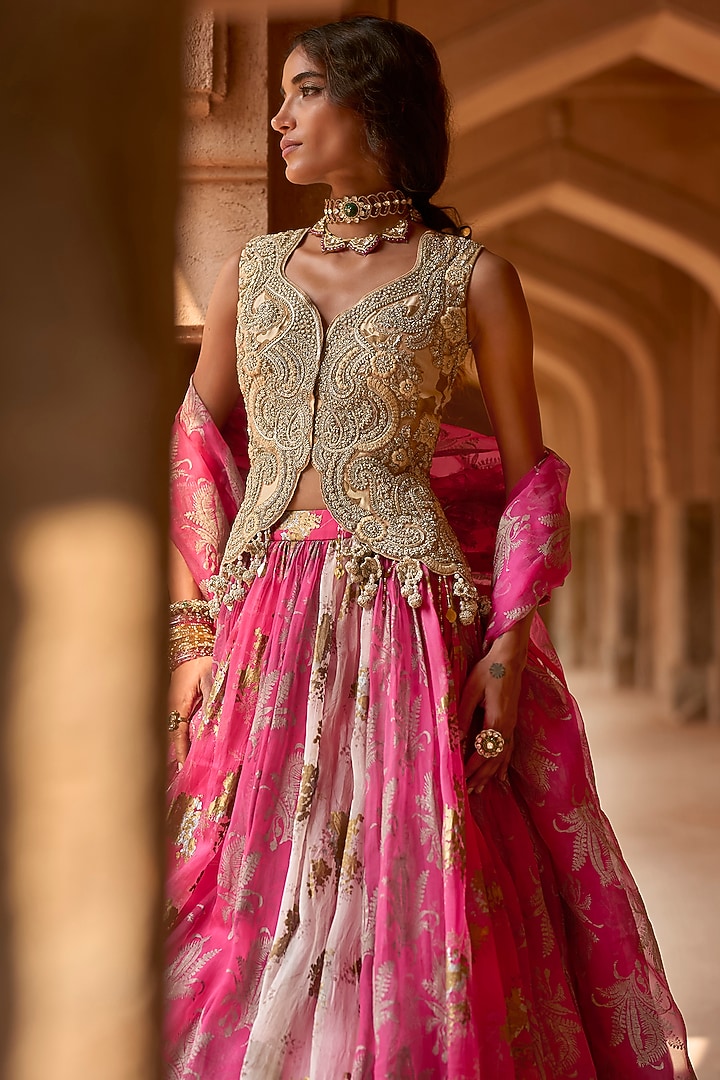 Fuchsia Net & Organza Printed Jacket Bridal Lehenga Set by Bhumika Sharma at Pernia's Pop Up Shop