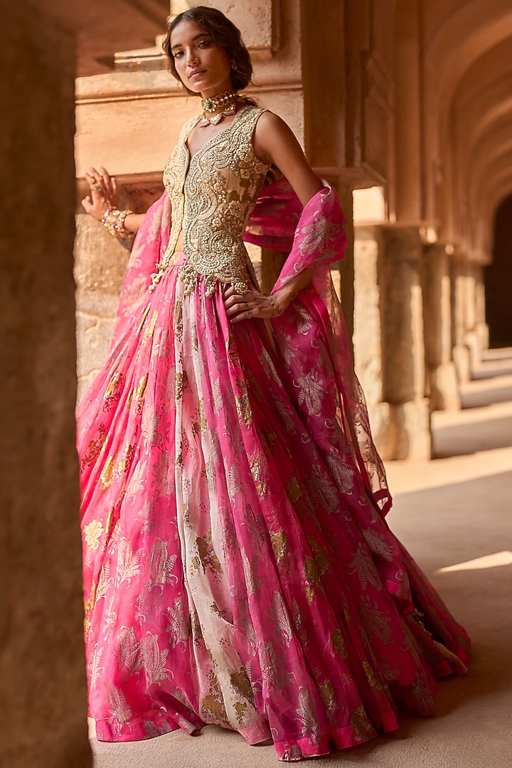 Fuchsia Net & Organza Printed Jacket Bridal Lehenga Set by Bhumika Sharma at Pernia's Pop Up Shop