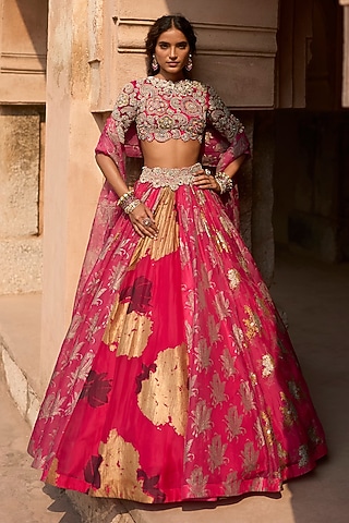 Fuchsia Organza & Net Lehenga Set by Bhumika Sharma