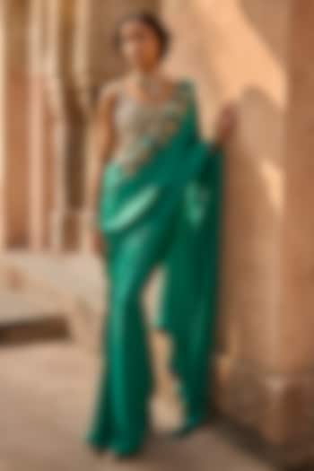 Teal Green Net Satin Silk Reception Saree Set by Bhumika Sharma at Pernia's Pop Up Shop