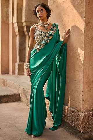 Teal Green Net Satin Silk Saree Set by Bhumika Sharma