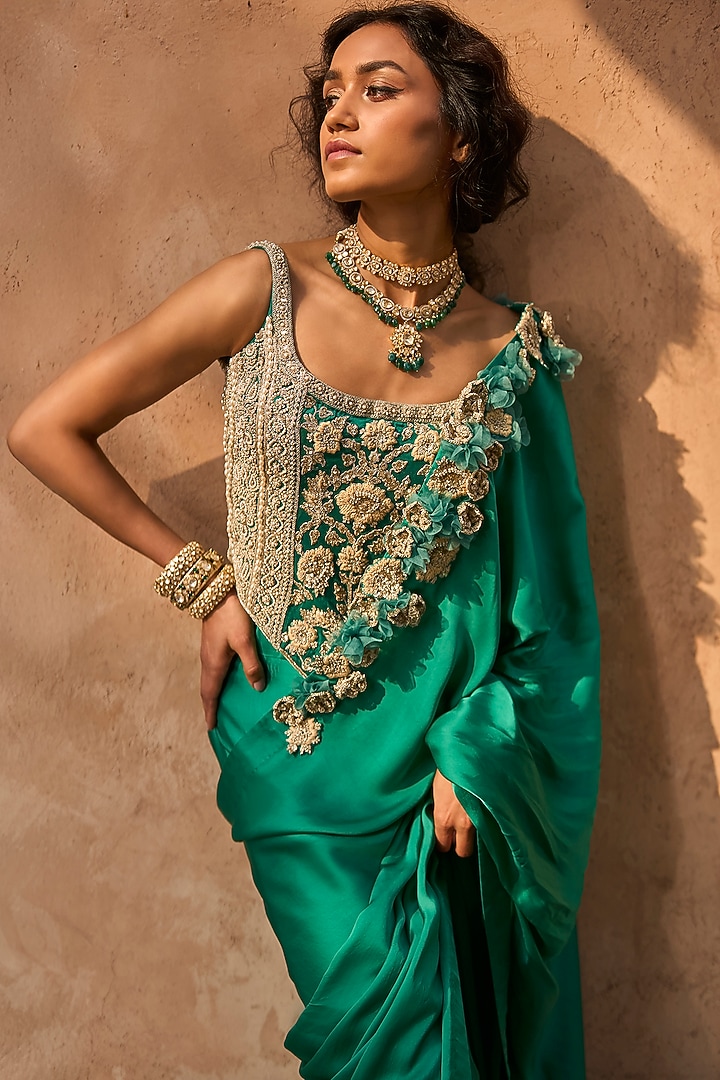 Teal Green Net Satin Silk Reception Saree Set by Bhumika Sharma at Pernia's Pop Up Shop