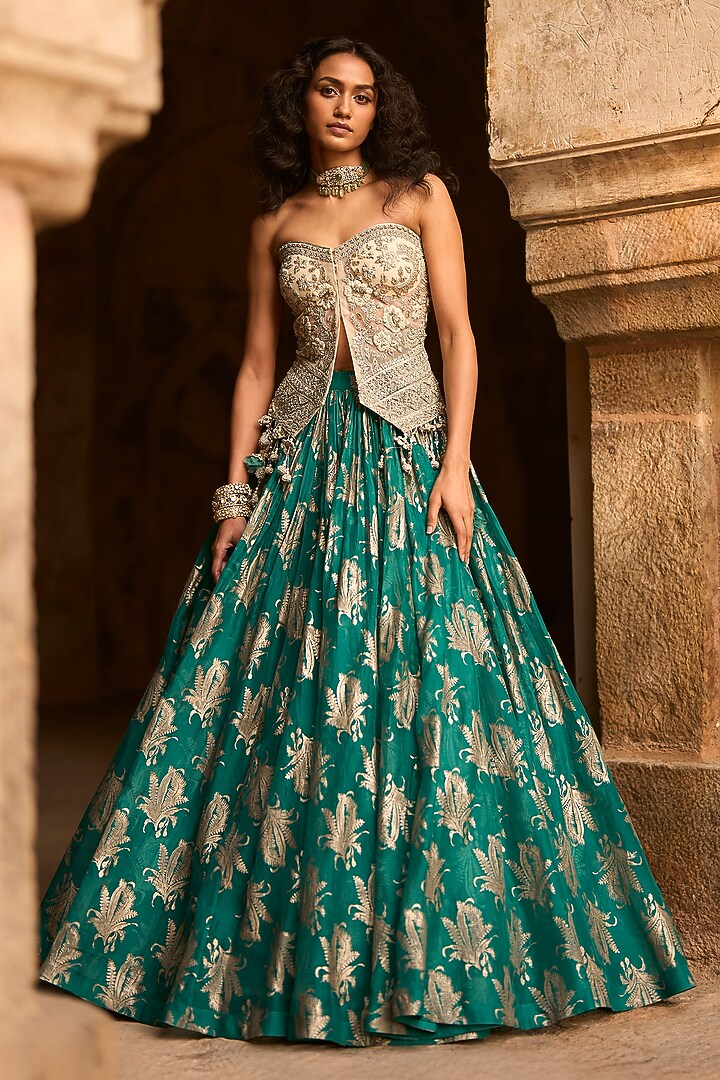Teal Green Organza Net Skirt Set by Bhumika Sharma at Pernia's Pop Up Shop