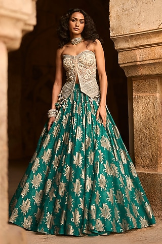 Teal Green Organza Net Skirt Set by Bhumika Sharma
