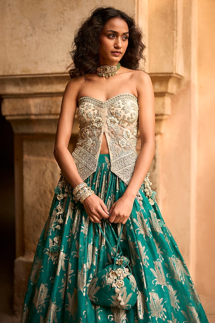 Teal Green Organza Net Skirt Set by Bhumika Sharma at Pernia's Pop Up Shop