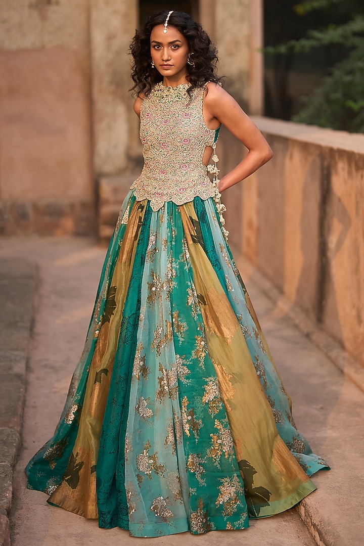 Teal Organza Embroidered Bridal Anarkali by Bhumika Sharma at Pernia's Pop Up Shop