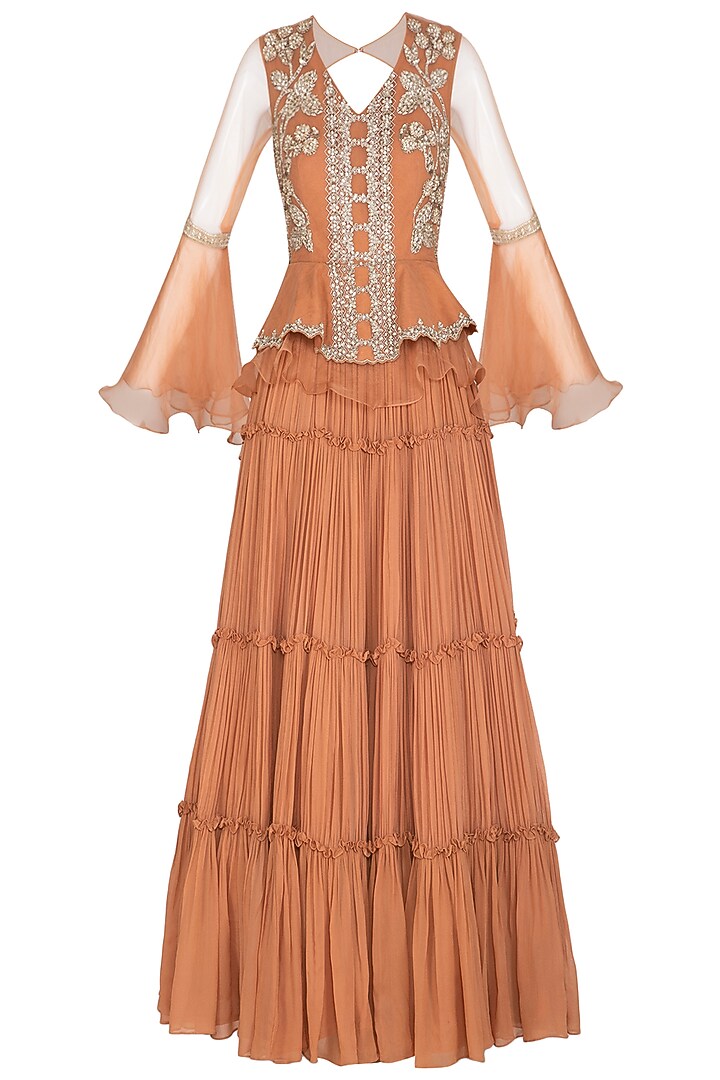 Orange Hand Embroidered Peplum Wedding Anarkali Gown With Ruffled Dupatta by Bhumika Sharma at Pernia's Pop Up Shop