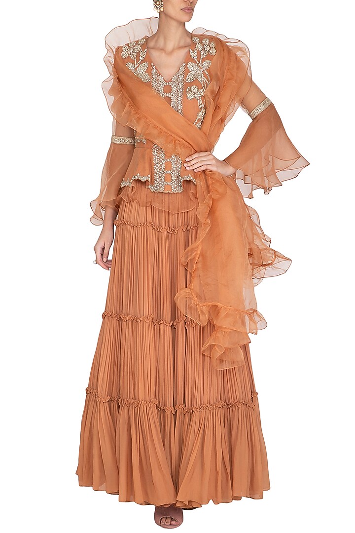 Orange Hand Embroidered Peplum Wedding Anarkali Gown With Ruffled Dupatta by Bhumika Sharma at Pernia's Pop Up Shop