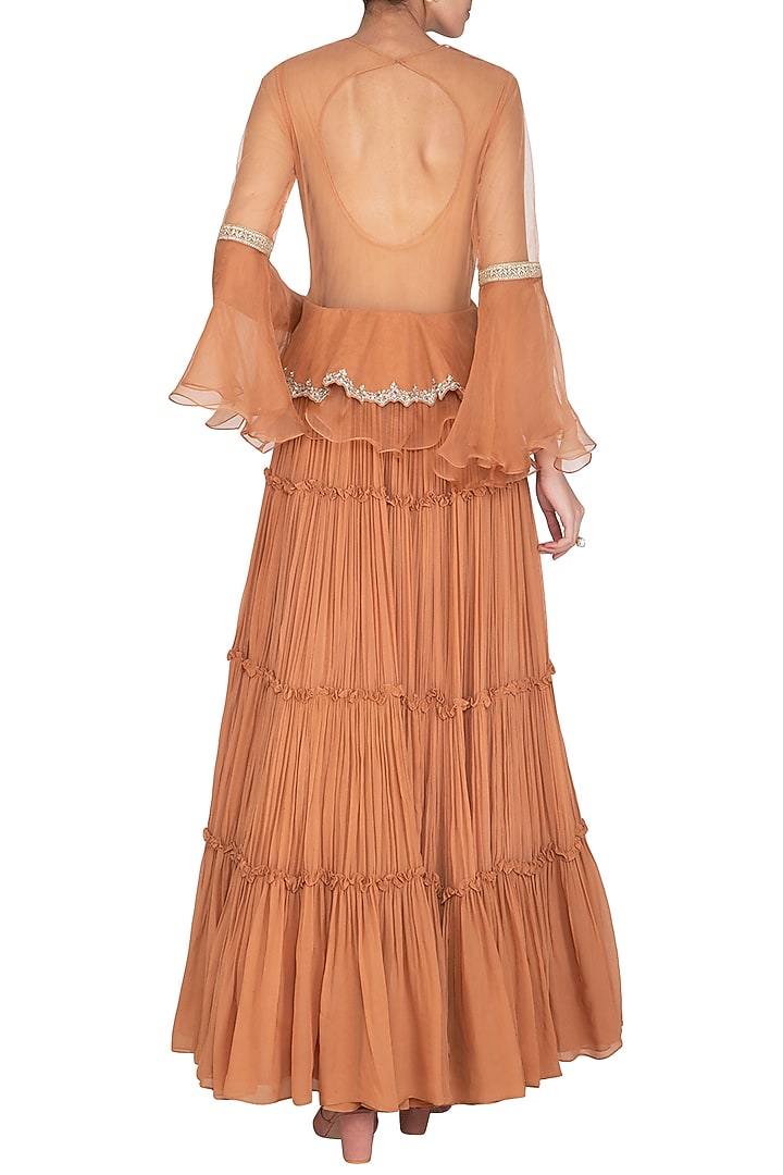Orange Hand Embroidered Peplum Wedding Anarkali Gown With Ruffled Dupatta by Bhumika Sharma at Pernia's Pop Up Shop
