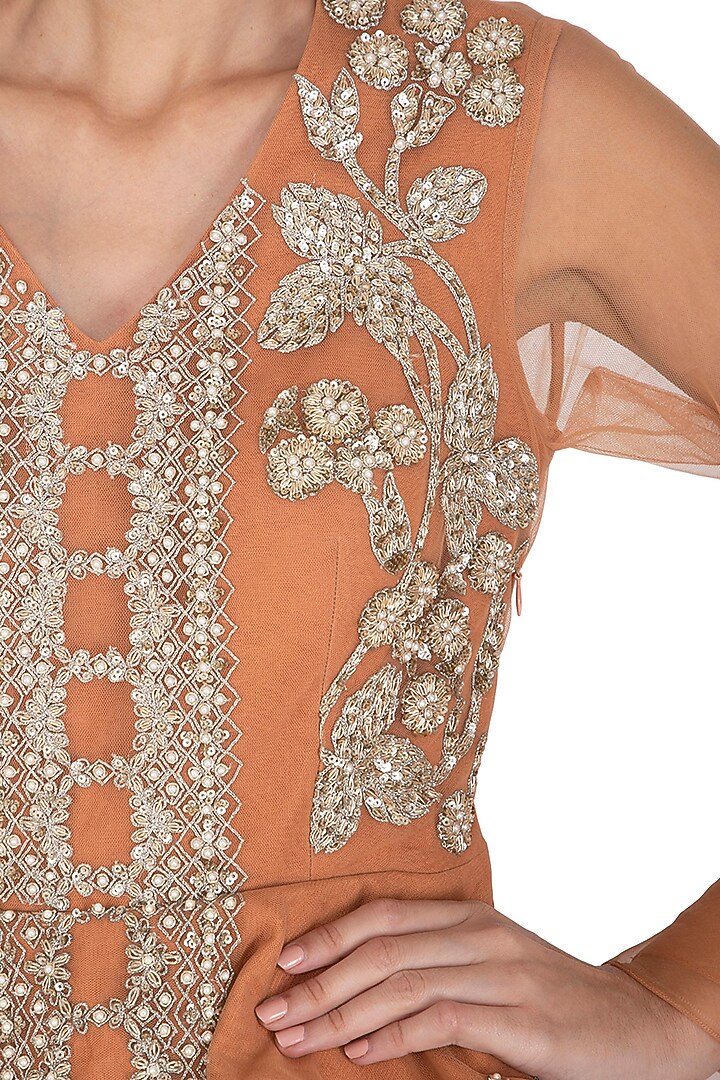 Orange Hand Embroidered Peplum Wedding Anarkali Gown With Ruffled Dupatta by Bhumika Sharma at Pernia's Pop Up Shop