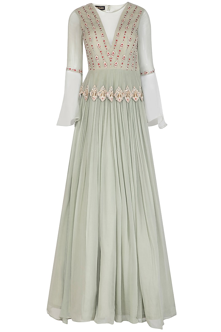 Sage Green Embroidered Anarkali Gown With Ruffled Dupatta by Bhumika Sharma