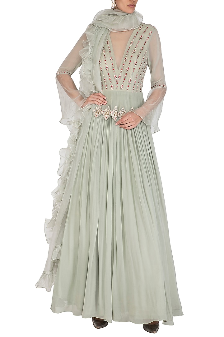 Sage Green Embroidered Wedding Anarkali Gown With Ruffled Dupatta by Bhumika Sharma at Pernia's Pop Up Shop