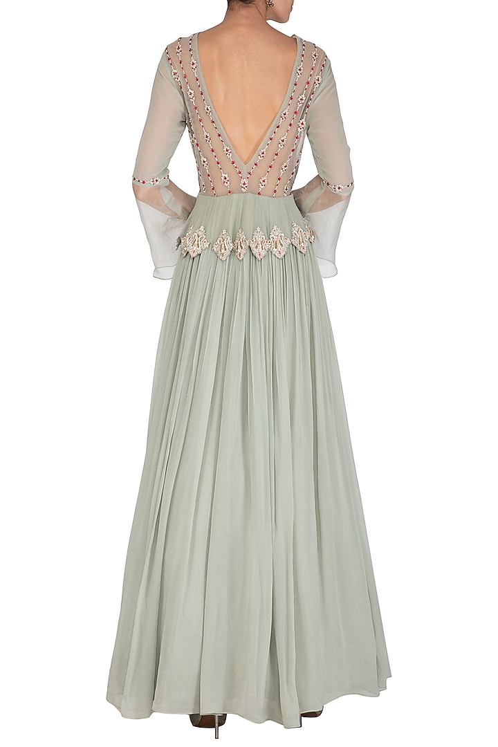 Sage Green Embroidered Wedding Anarkali Gown With Ruffled Dupatta by Bhumika Sharma at Pernia's Pop Up Shop
