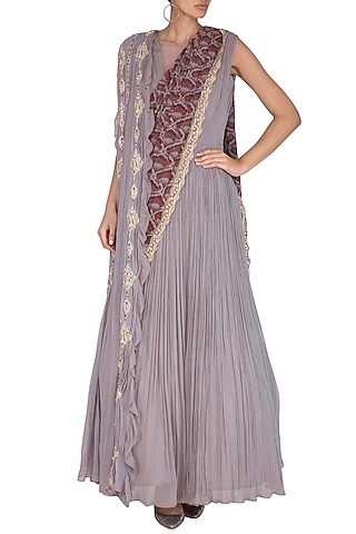 Lilac Anarkali Gown With Embroidered Front Pallu by Bhumika Sharma