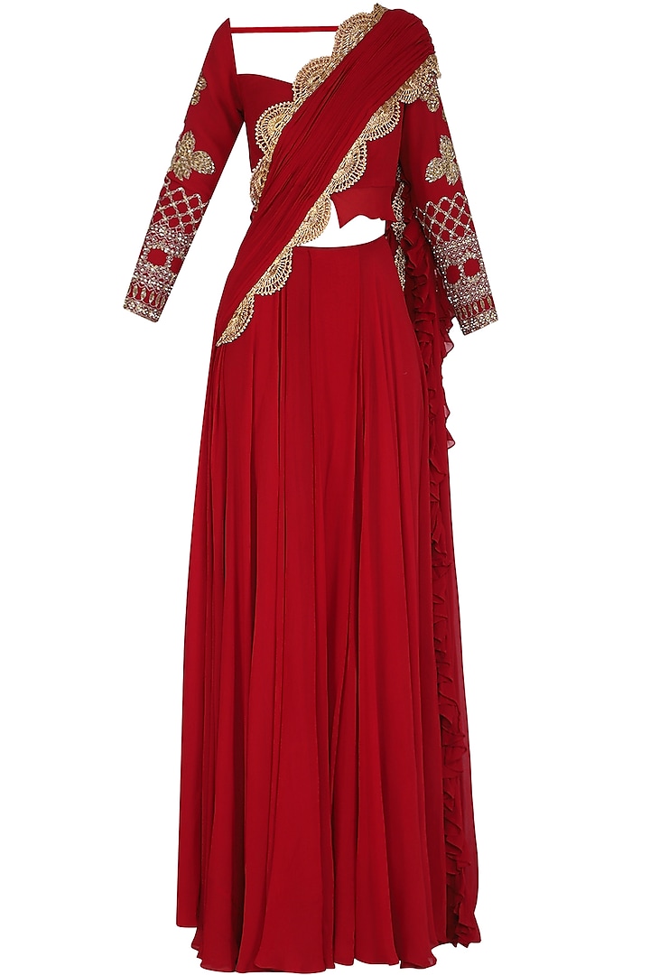 Red Hand Embroidered Frill Pre-Stitched Saree Set by Bhumika Sharma