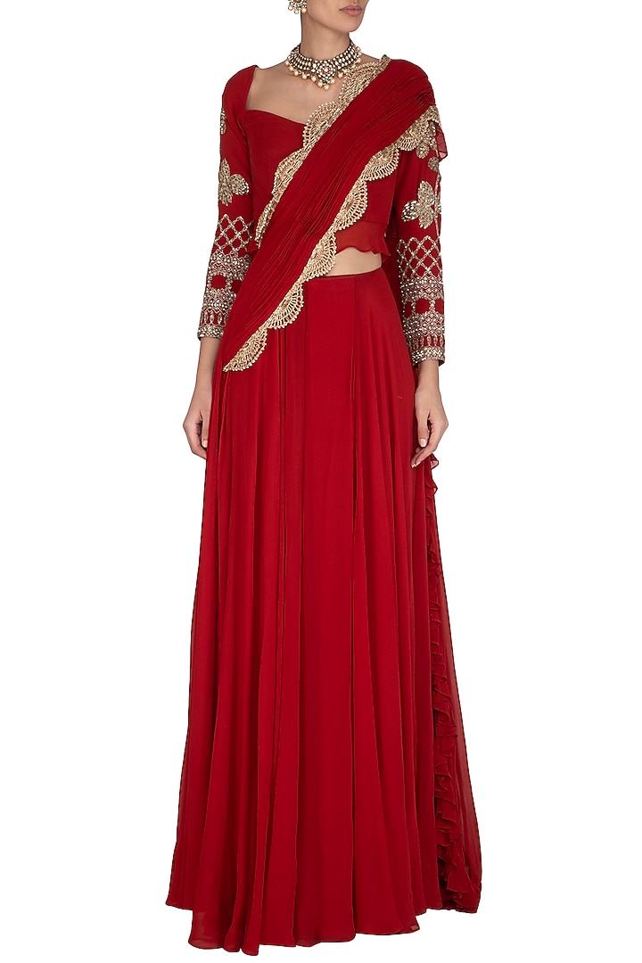 Red Hand Embroidered Frill Pre-Stitched Wedding Saree Set by Bhumika Sharma at Pernia's Pop Up Shop