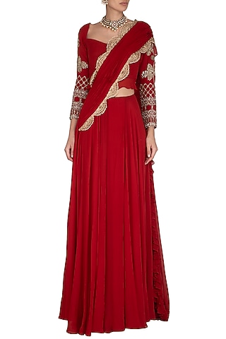 Red Hand Embroidered Frill Pre-Stitched Saree Set by Bhumika Sharma