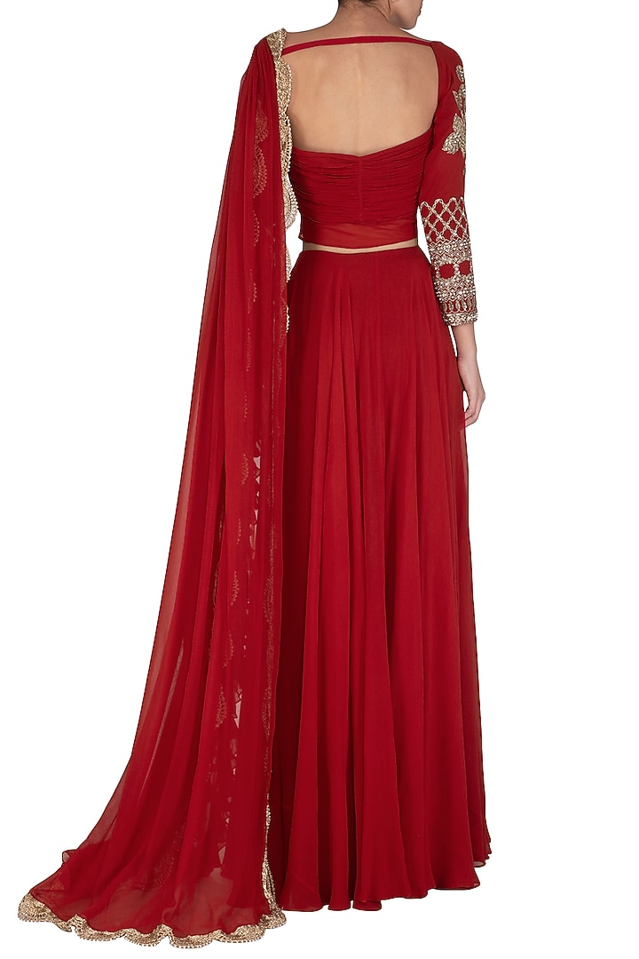 Red Hand Embroidered Frill Pre-Stitched Wedding Saree Set by Bhumika Sharma at Pernia's Pop Up Shop
