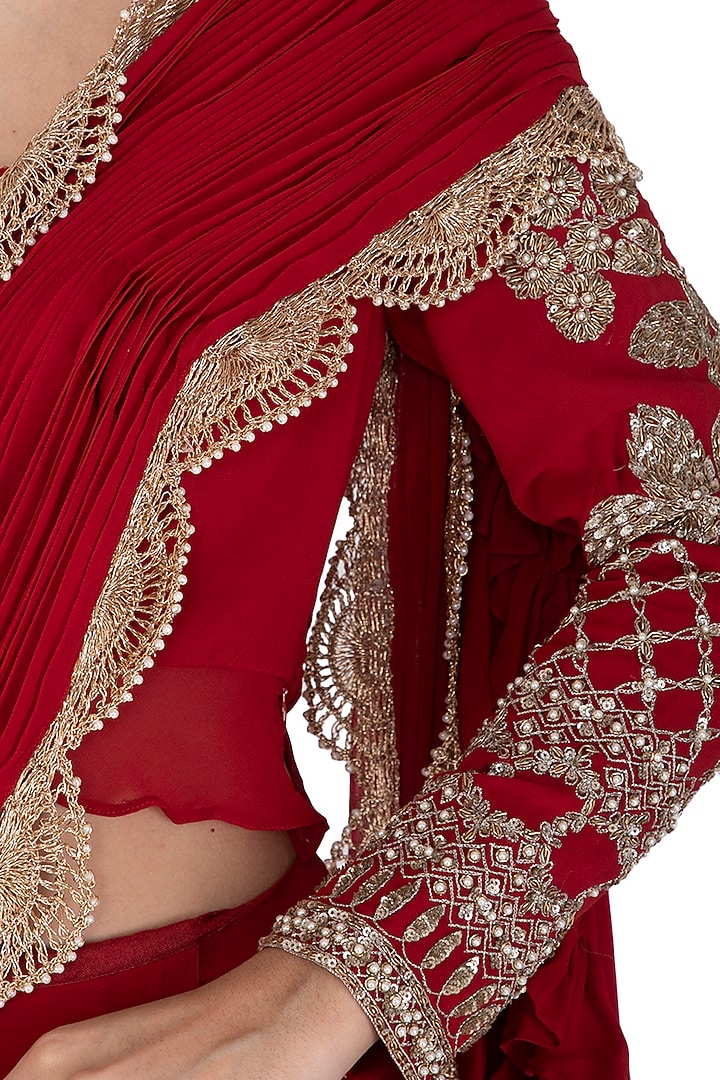 Red Hand Embroidered Frill Pre-Stitched Wedding Saree Set by Bhumika Sharma at Pernia's Pop Up Shop