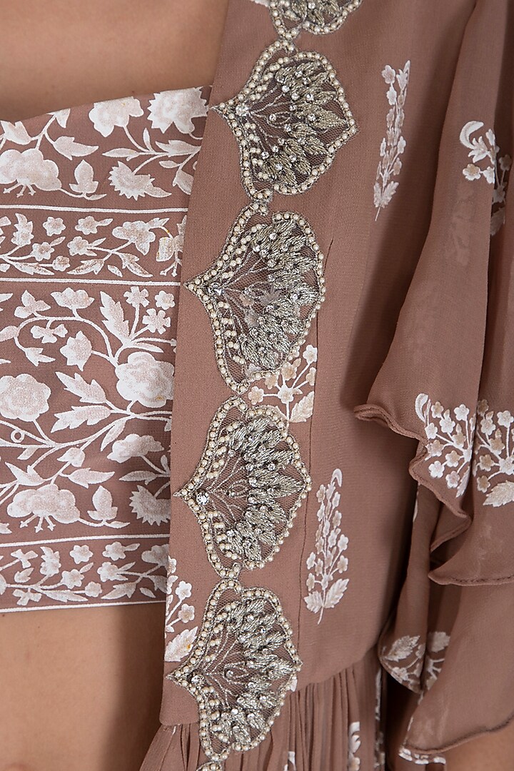 Beige Printed Embroidered Cape With Bustier & Skirt by Bhumika Sharma at Pernia's Pop Up Shop