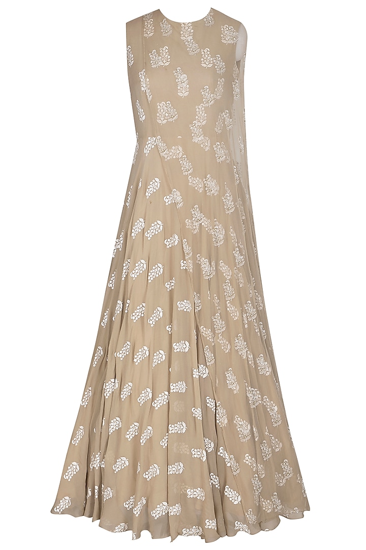 Light Beige Printed Anarkali With Attached Embroidered Cape by Bhumika Sharma