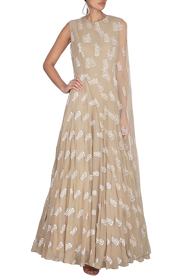 Light Beige Printed Wedding Anarkali With Attached Embroidered Cape by Bhumika Sharma at Pernia's Pop Up Shop