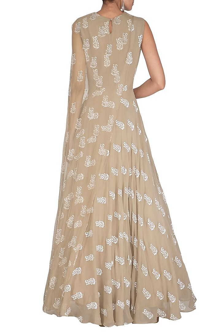 Light Beige Printed Wedding Anarkali With Attached Embroidered Cape by Bhumika Sharma at Pernia's Pop Up Shop