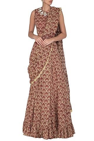 Maroon Embroidered & Printed Pre-Stitched Saree Set by Bhumika Sharma
