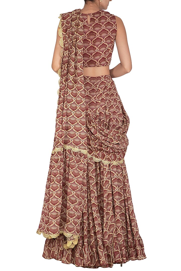 Maroon Embroidered & Printed Pre-Stitched Wedding Saree Set by Bhumika Sharma at Pernia's Pop Up Shop