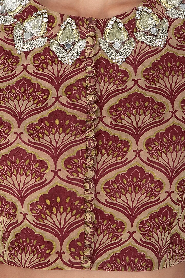 Maroon Embroidered & Printed Pre-Stitched Wedding Saree Set by Bhumika Sharma at Pernia's Pop Up Shop