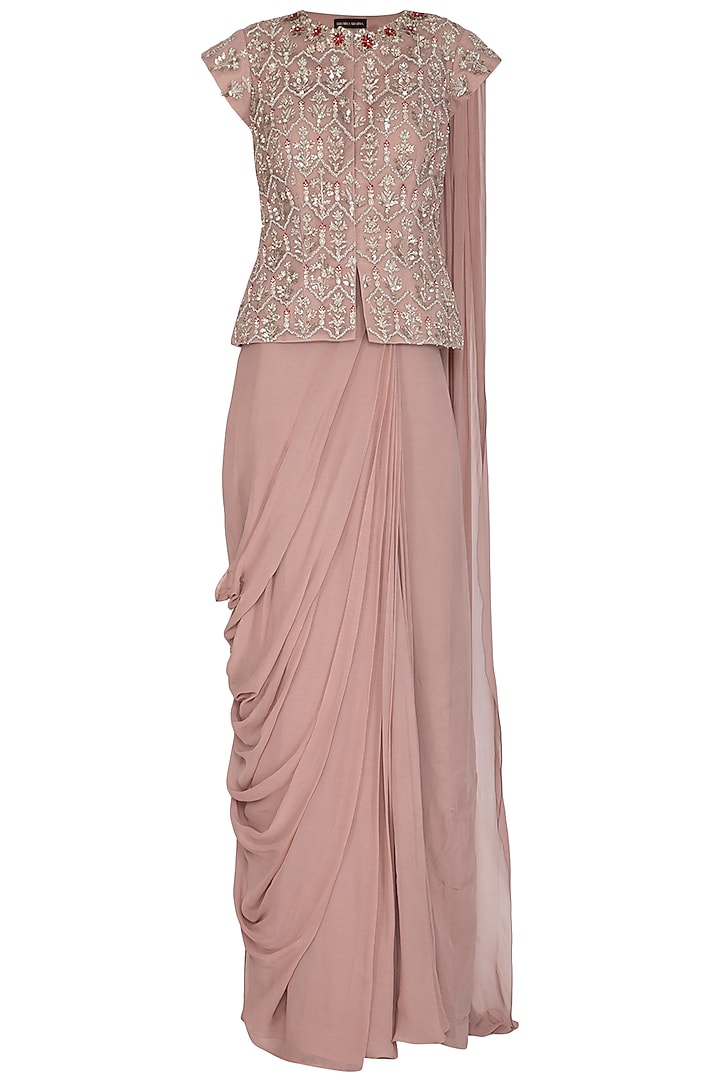 Dusty Rose Embroidered Pre-Stitched Reception Saree Set by Bhumika Sharma at Pernia's Pop Up Shop