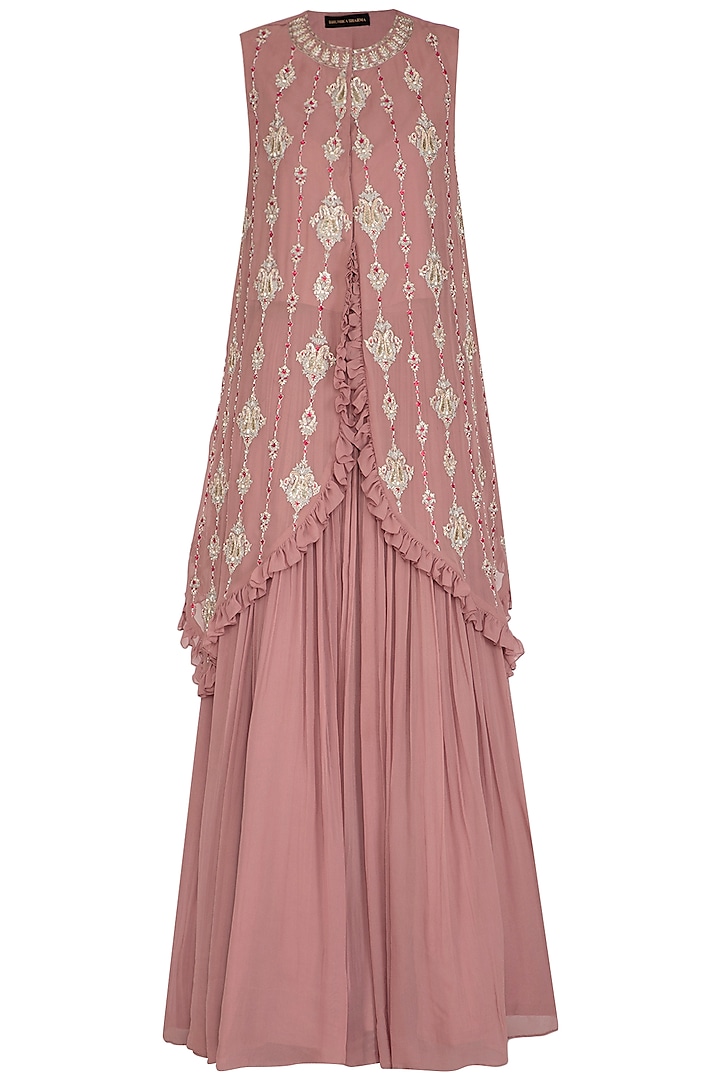 Onion Pink Embroidered Asymmetrical Cape With Skirt by Bhumika Sharma