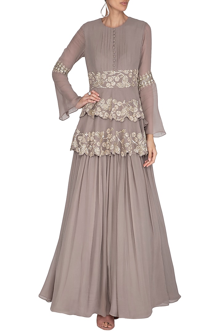 Grey Embroidered Double Peplum Bridal Anarkali Gown by Bhumika Sharma at Pernia's Pop Up Shop