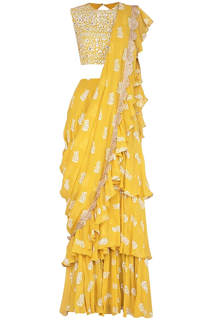 Yellow Georgette Paisley Printed Ruffled Saree Set by Bhumika Sharma