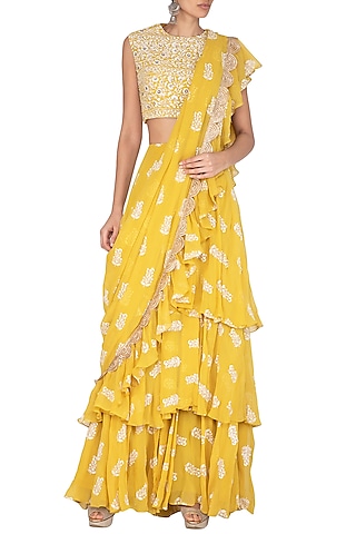 Sunflower Yellow Satin Silk Saree Set Design by Peeli Dori at Pernia's Pop  Up Shop 2024