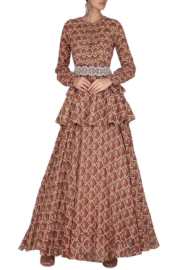 Maroon Printed Embroidered Peplum Wedding Anarkali With Belt by Bhumika Sharma at Pernia's Pop Up Shop