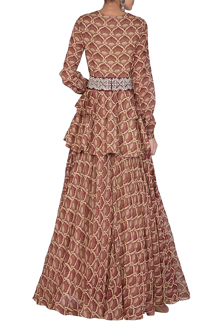 Maroon Printed Embroidered Peplum Wedding Anarkali With Belt by Bhumika Sharma at Pernia's Pop Up Shop