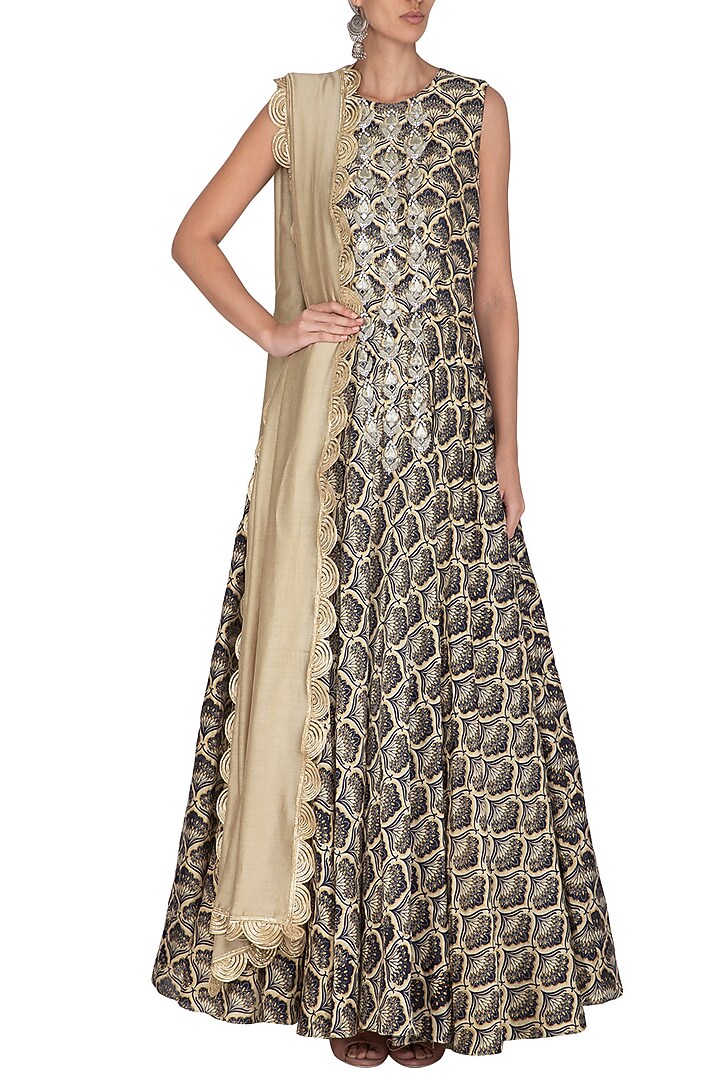 Blue Embroidered Printed Wedding Anarkali With Beige Dupatta by Bhumika Sharma at Pernia's Pop Up Shop