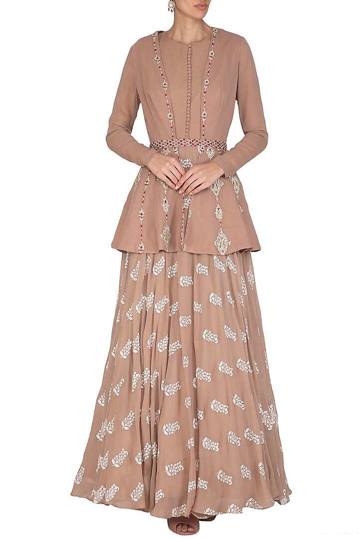 Beige Printed Wedding Anarkali With Embroidered Jacket & Belt by Bhumika Sharma at Pernia's Pop Up Shop