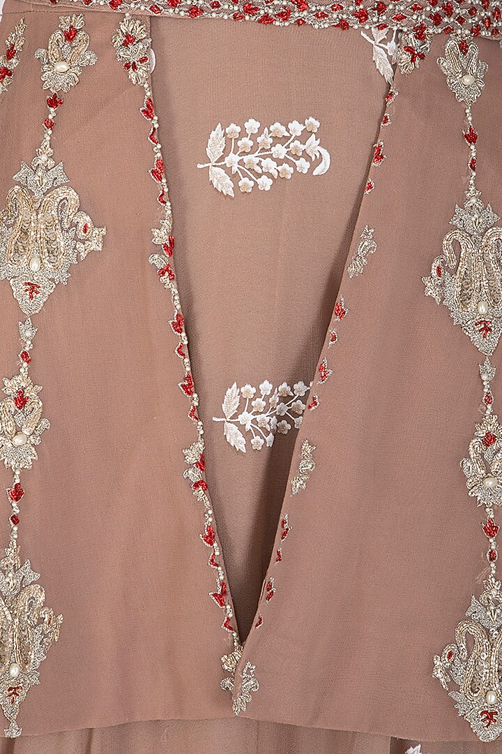 Beige Printed Wedding Anarkali With Embroidered Jacket & Belt by Bhumika Sharma at Pernia's Pop Up Shop