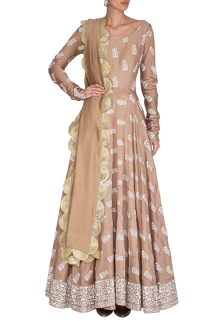 Beige Printed Embroidered Wedding Anarkali With Dupatta by Bhumika Sharma at Pernia's Pop Up Shop