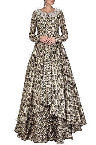 Blue Embroidered Printed Asymmetrical Kurta With Pants by Bhumika Sharma