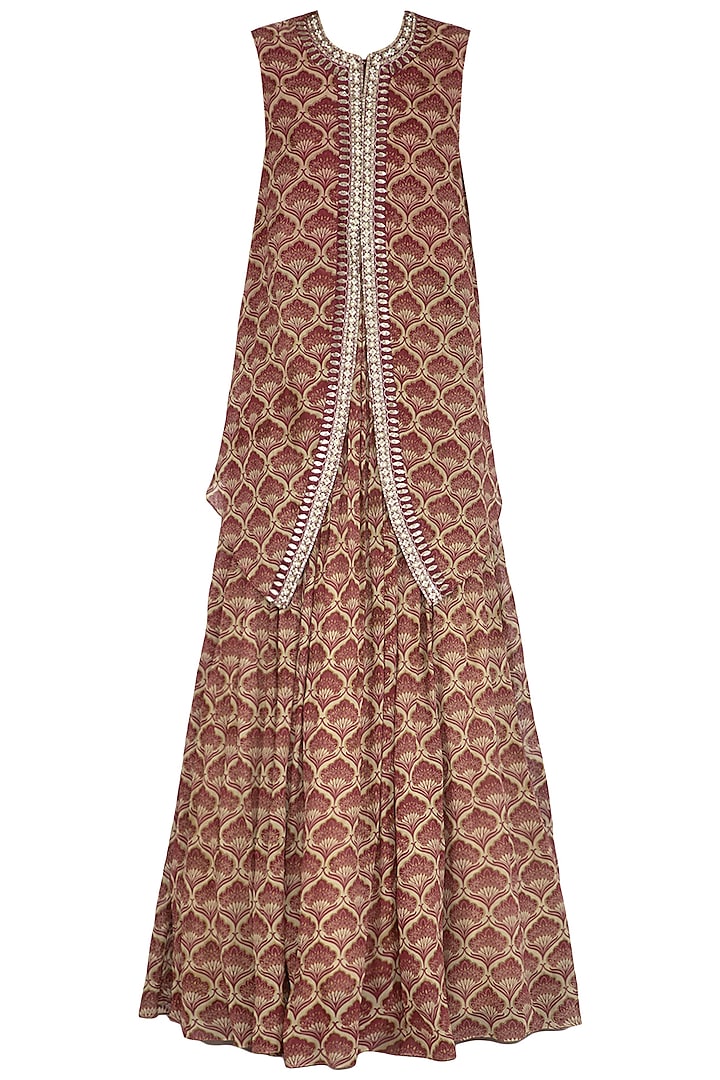 Maroon Embroidered Printed Cape With Skirt by Bhumika Sharma