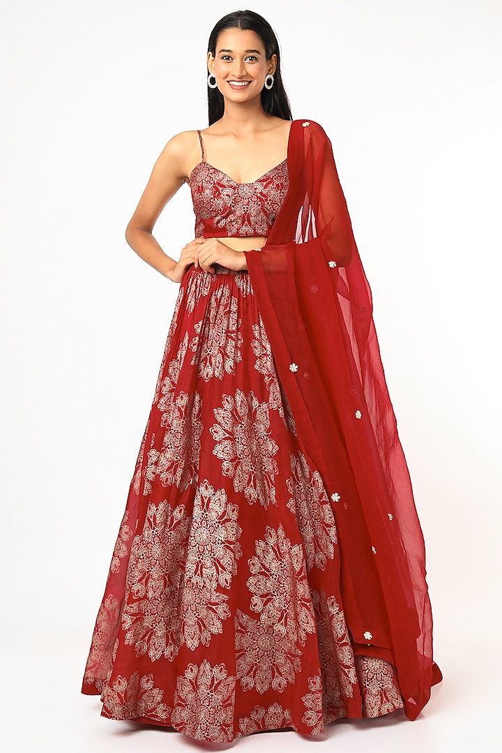 Red Tara Printed Organza Skirt Set by Bhumika Sharma